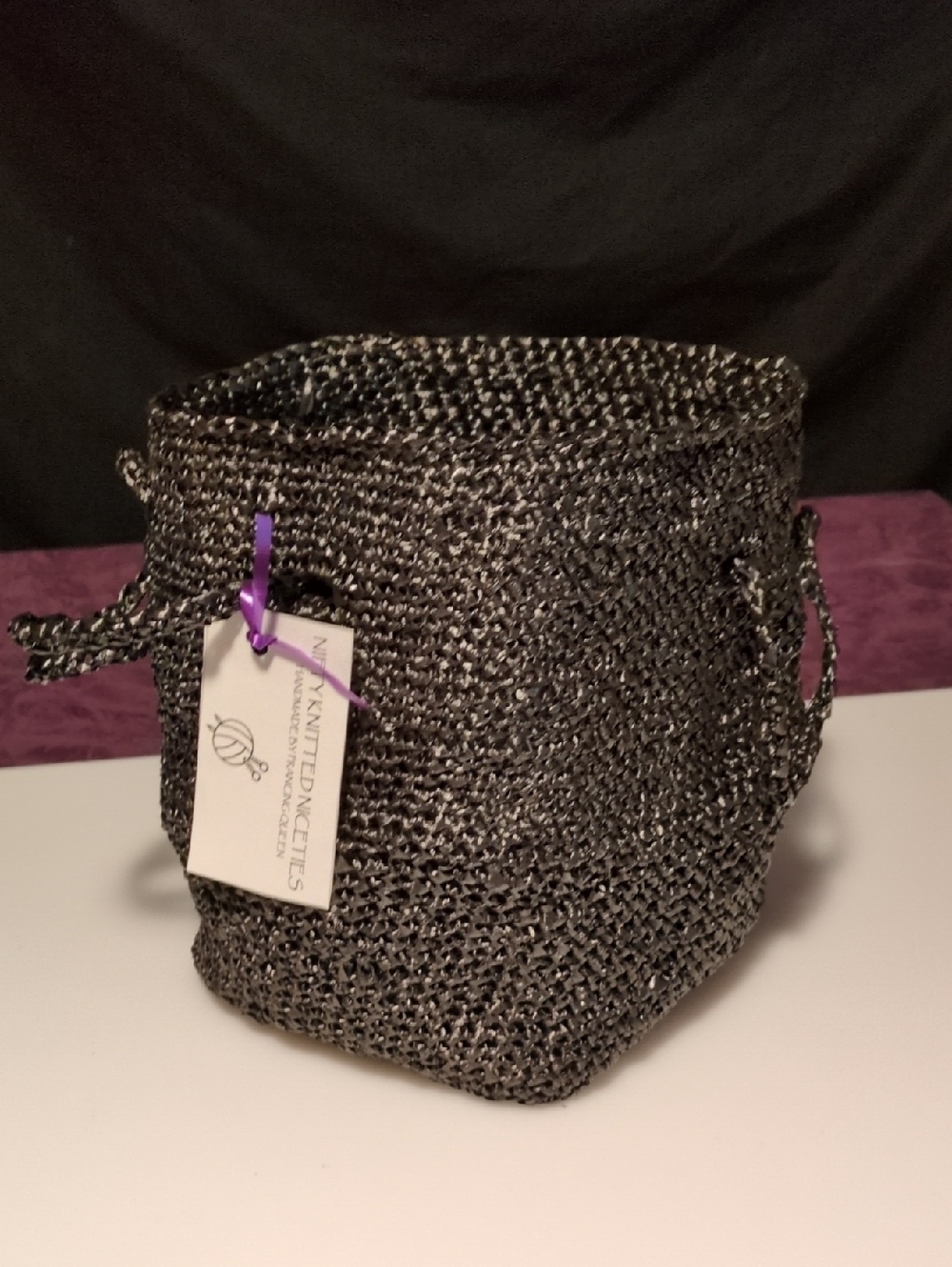 Handmade Crochet Black Metallic Curling Ribbon   Square Bucket Tote Bag